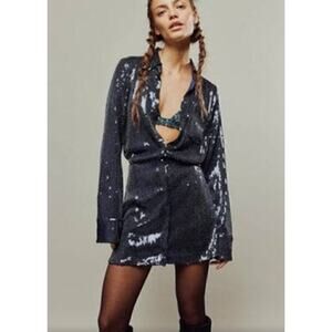 Free People Sophie Dress Sequin Long Sleeve Mini Midnight Navy Blue NWT S